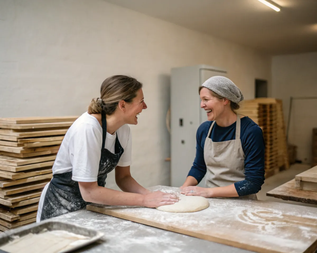 Two bakers chatting and laughing while shaping dough at a floured bench in their bakery