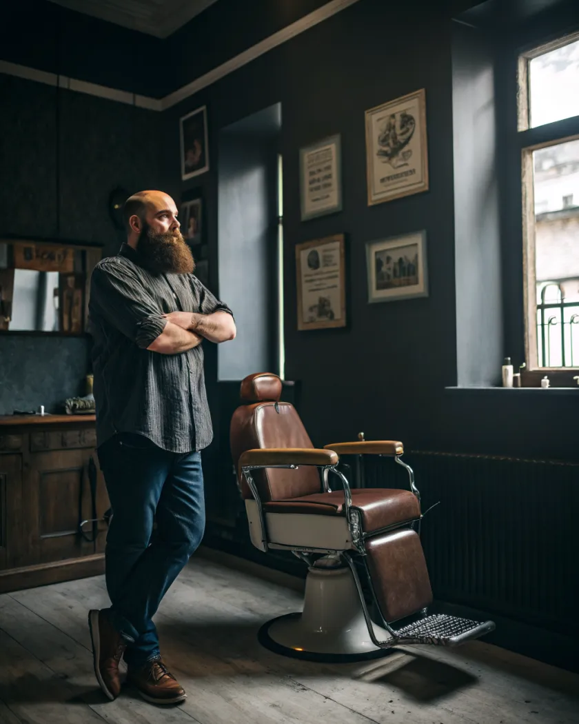 A barber standing beside the chair in his barbershop, arms crossed