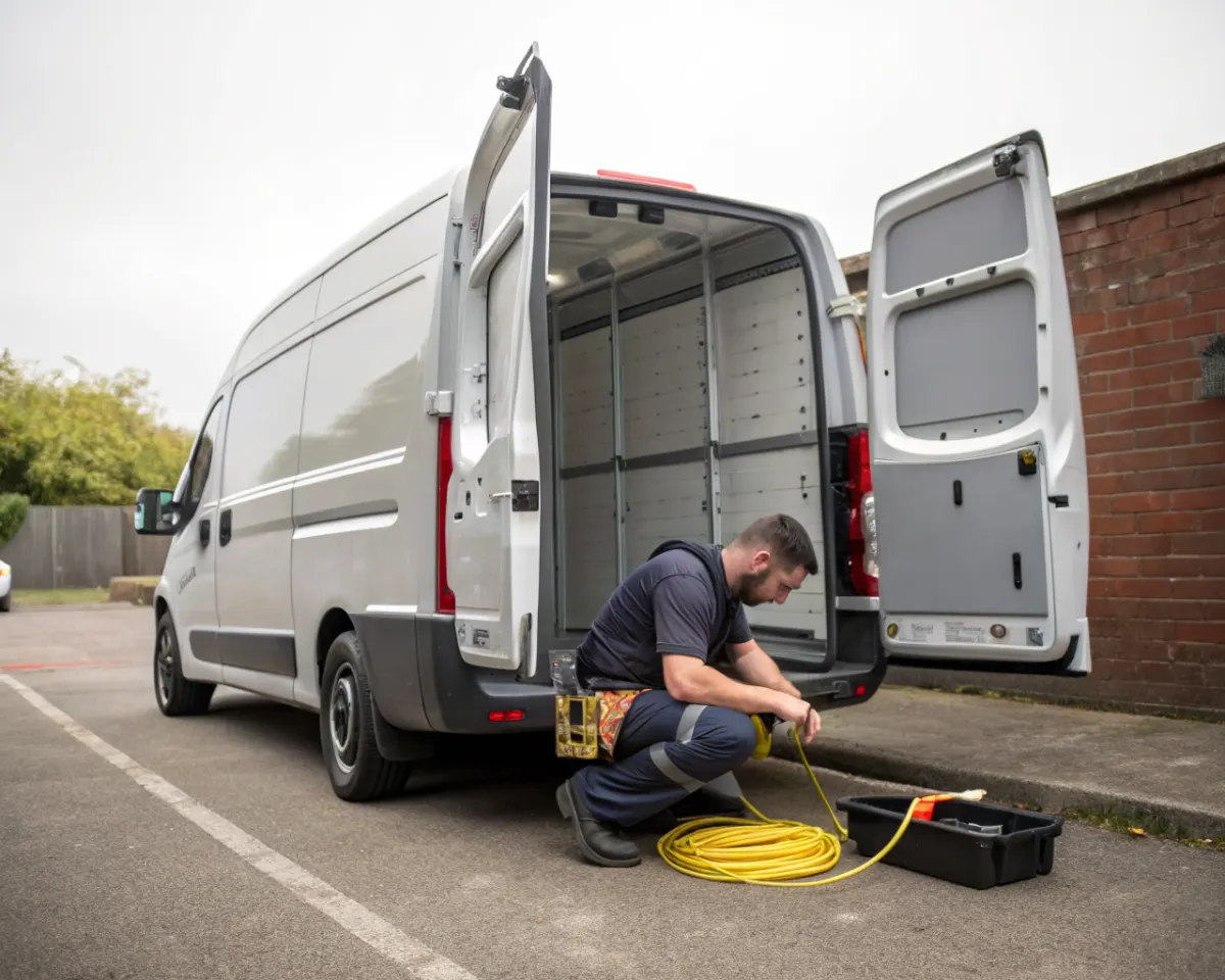 An electrician sorting coiled cables at the open rear doors of his work van