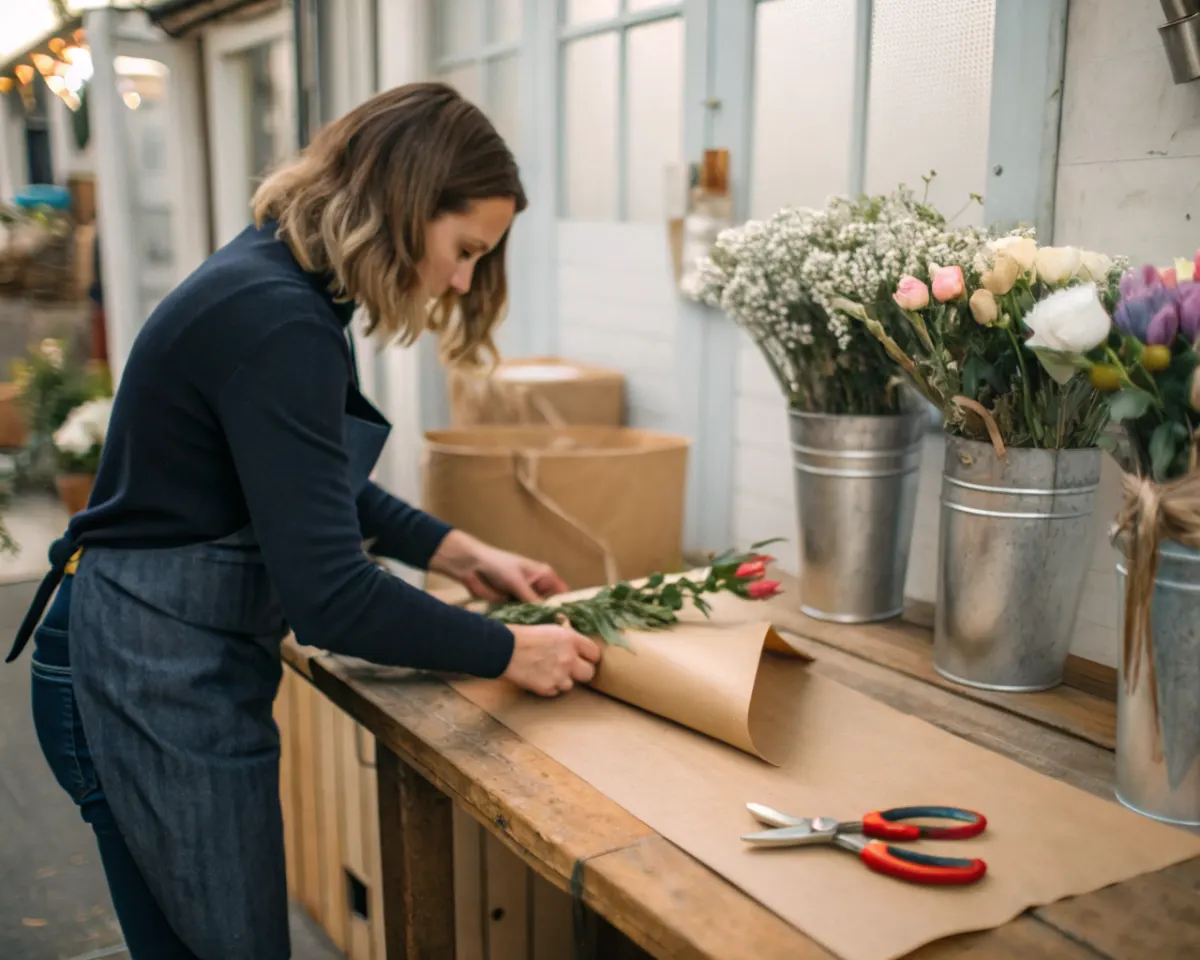 A florist tying a bouquet with twine at the workbench of her flower shop