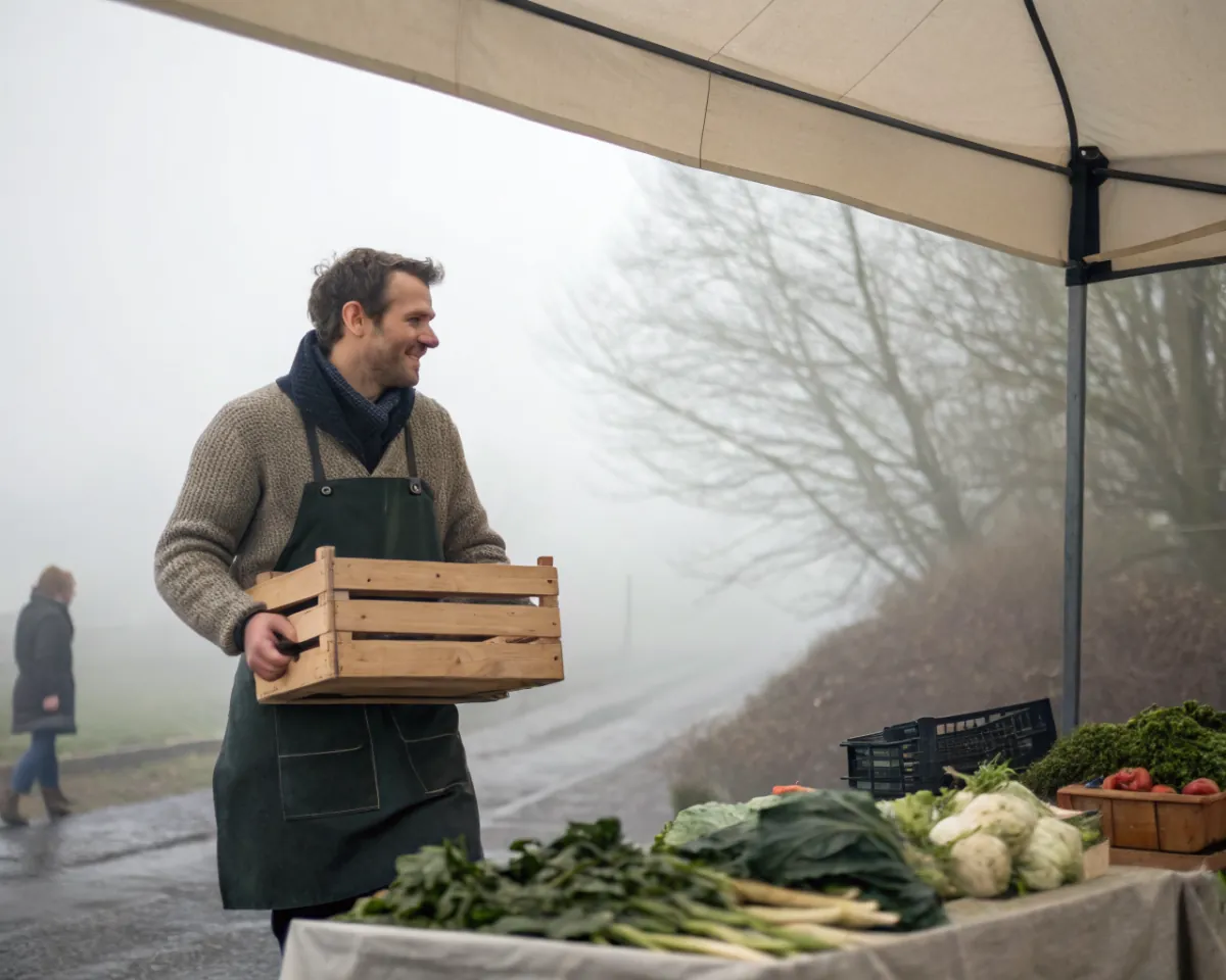 A greengrocer carrying a wooden crate of leeks at his market stall on a misty morning