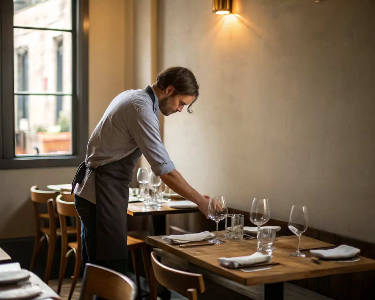 A restaurant owner setting glasses and cutlery on tables before evening service