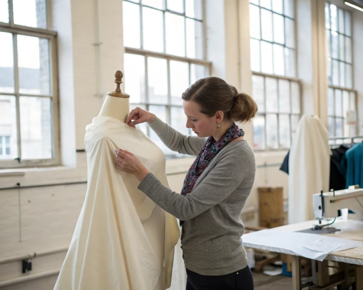 A tailor pinning and adjusting fabric on a dressmaker's mannequin in her bright studio