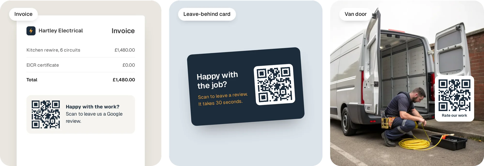 Three places a QR code earns its keep: the invoice, a card left on the side, and the back of the van.