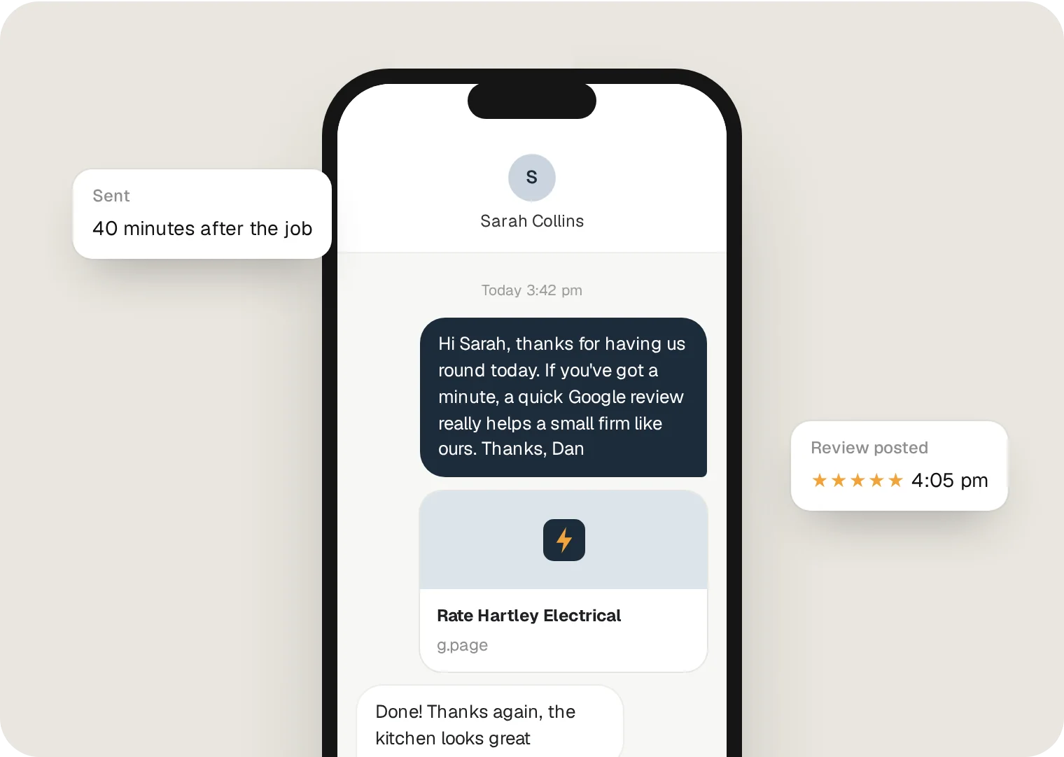 A short, personal text sent the same day. Use their name, mention the job, and keep the link on its own line.