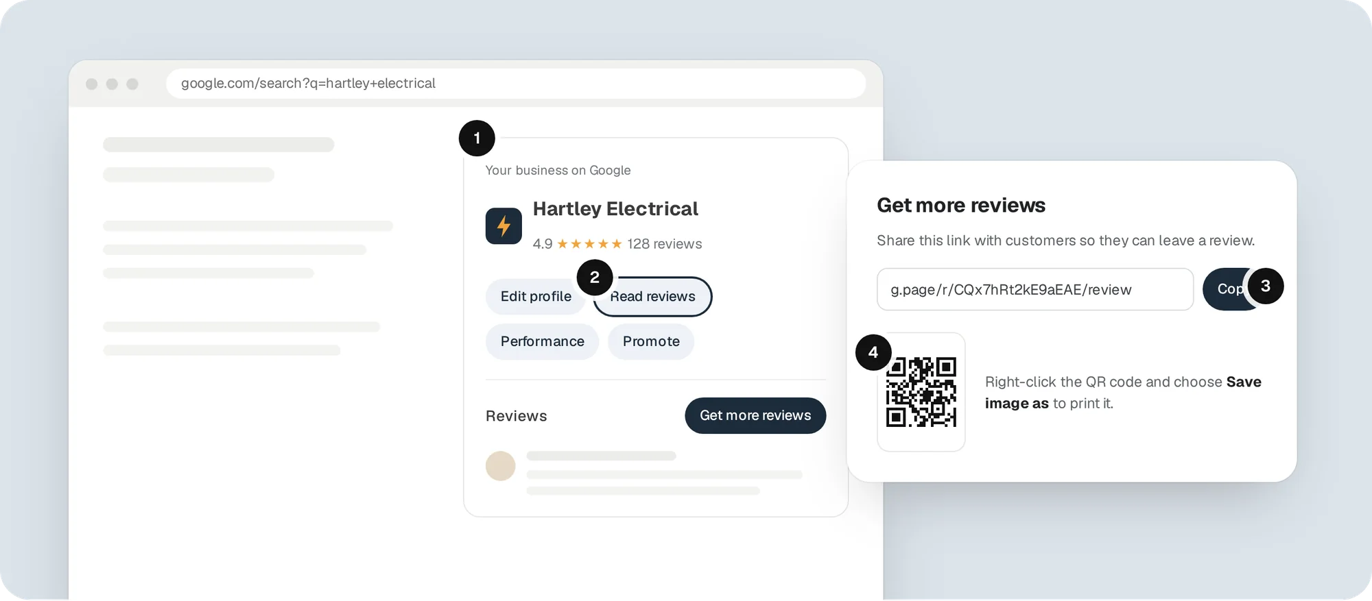 Where to find it. The Get more reviews window gives you the link and the QR code together.